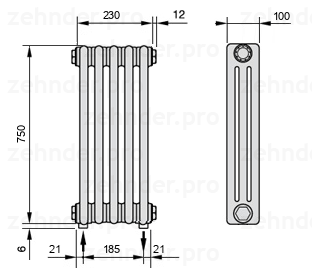 Схема (чертеж) Радиатор Zehnder Charleston 3075/5 №3570 Белый глянцевый RAL 9016